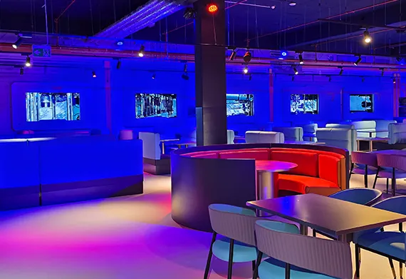 sky-high restaurant and diner with cosmic-views displays all around