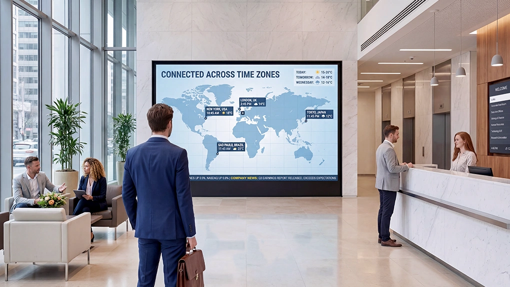 corporate office lobby with large digital signage led wall display