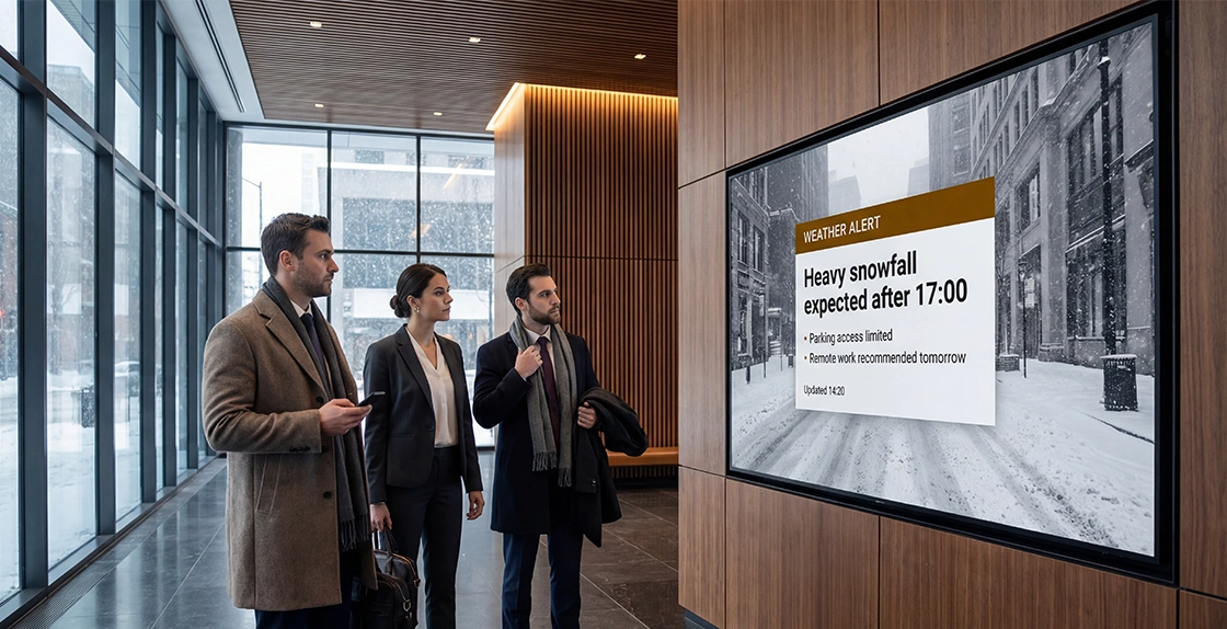 corporate campus with digital signage display in the hallway showing a weather alert