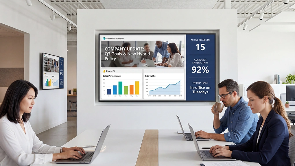 corporate meeting room with large meeting display showing data statistics
