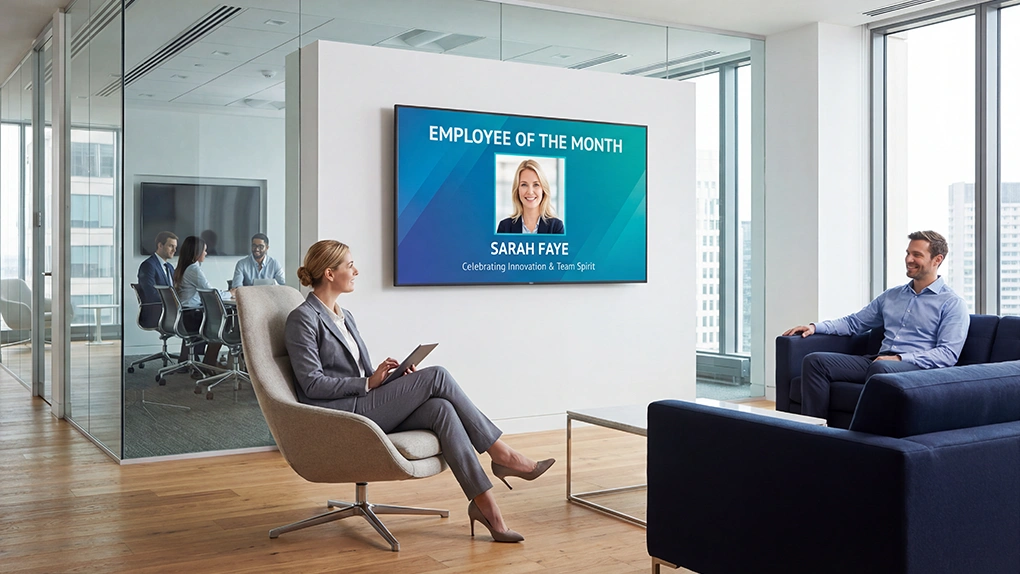 welcome display in corporate break room