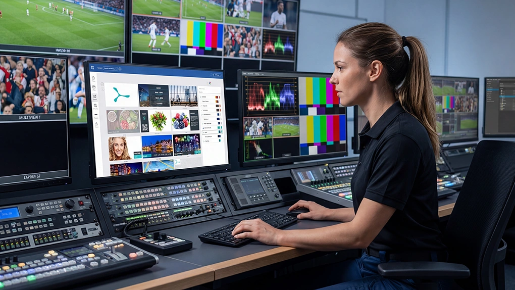 control center room at a stadium and a lady controlling digital signage content with spinetix arya