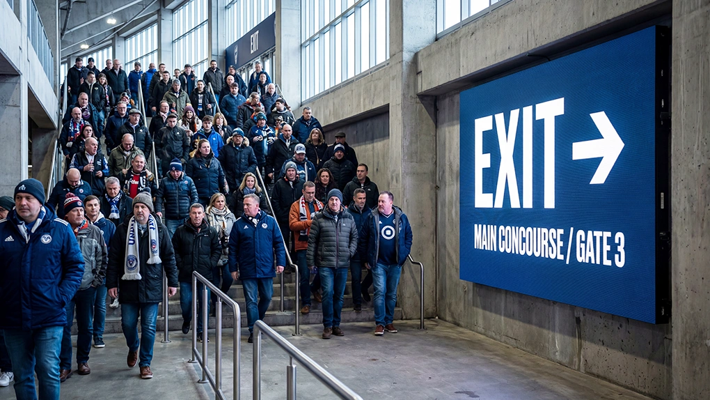 stadium football fans following a large digital display indicating the exit