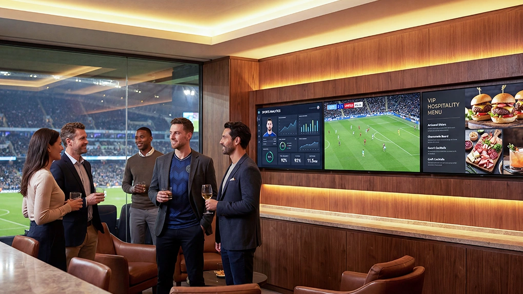 vip lounge at a stadium featuring digital displays and live streaming