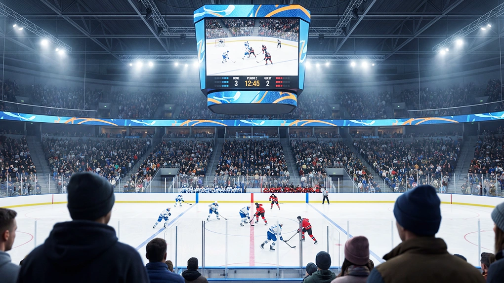 hockey rink arena with center-hung scoreboard jumbotron