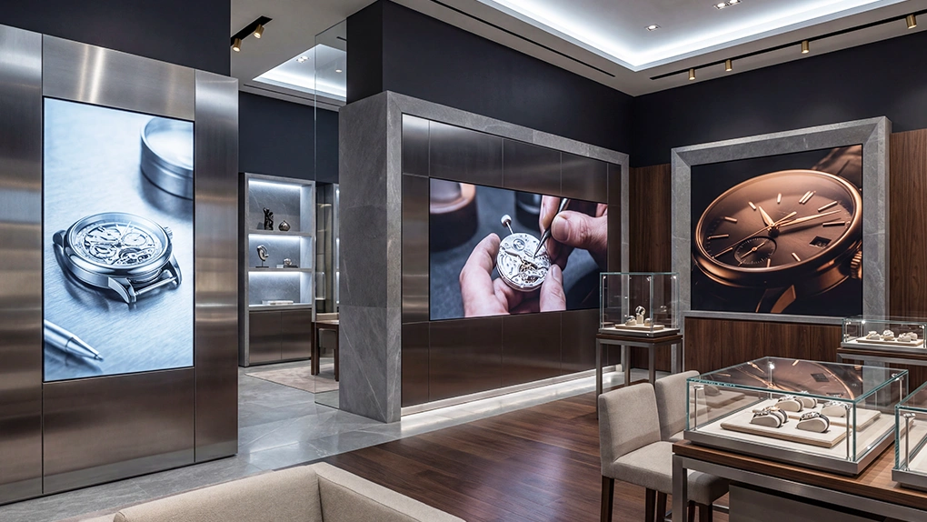 luxury watch retail store with digital signage screens