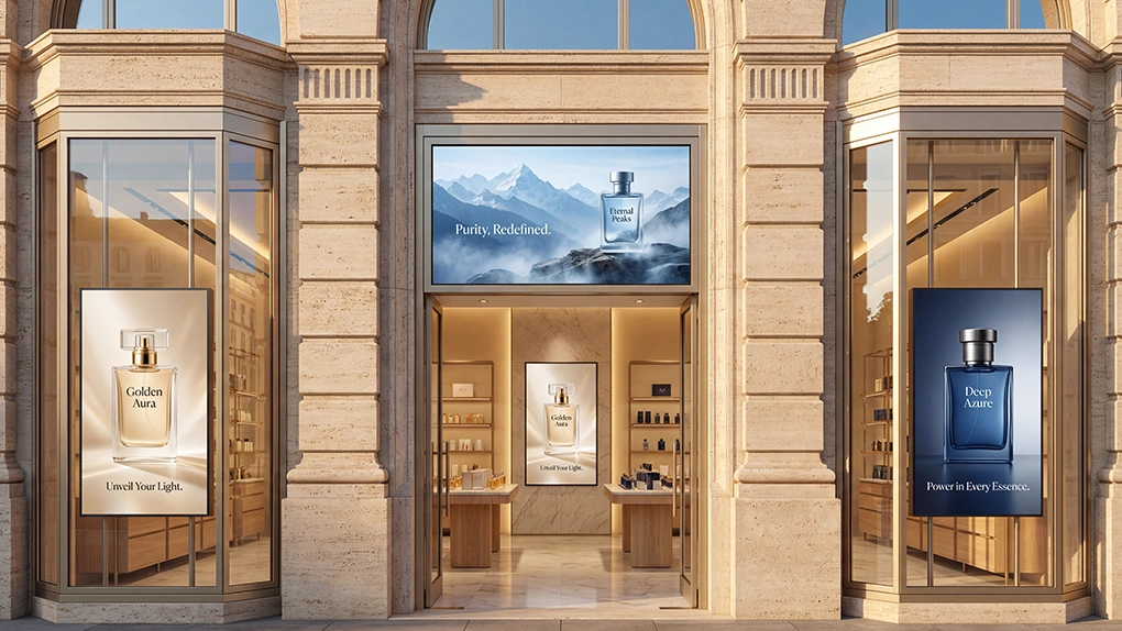 luxury storefront with promotional displays