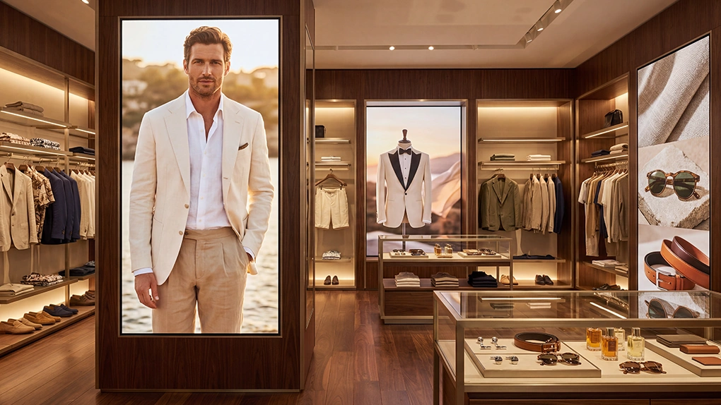 luxury male fashion store with a totem touch display
