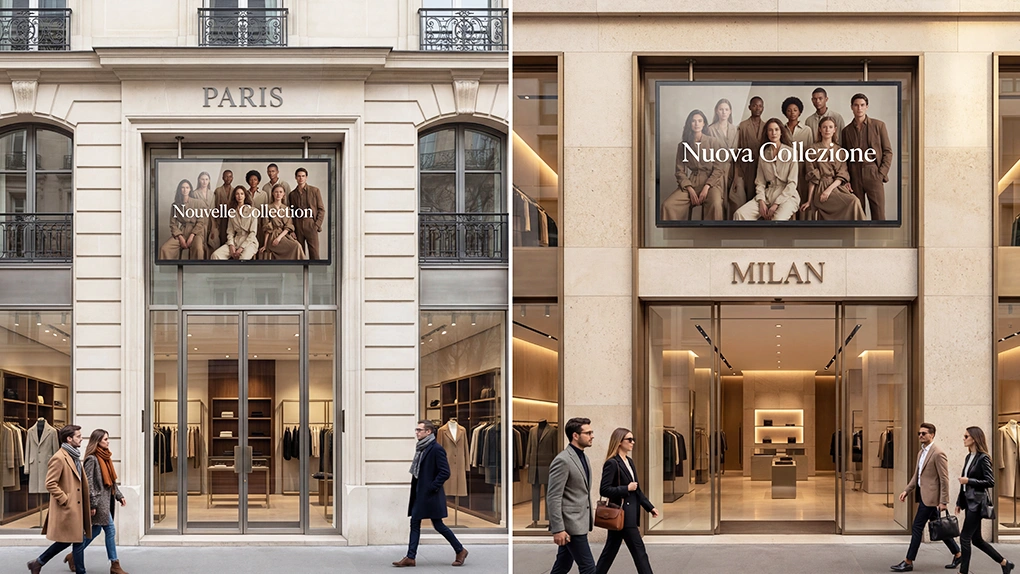 luxury storefronts in downtown milan and downtown Paris 