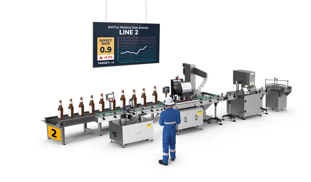 digital signage screen above a factory line of bottles