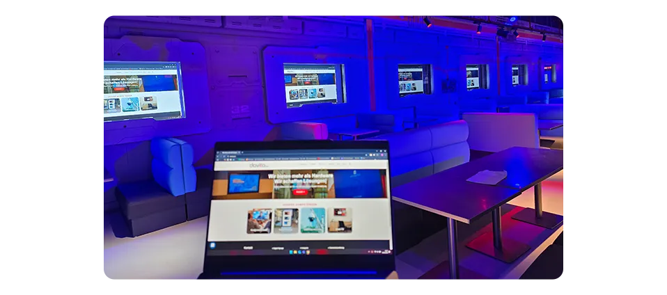 corporate presentation mode at sky-high restaurant in space magic, aurich