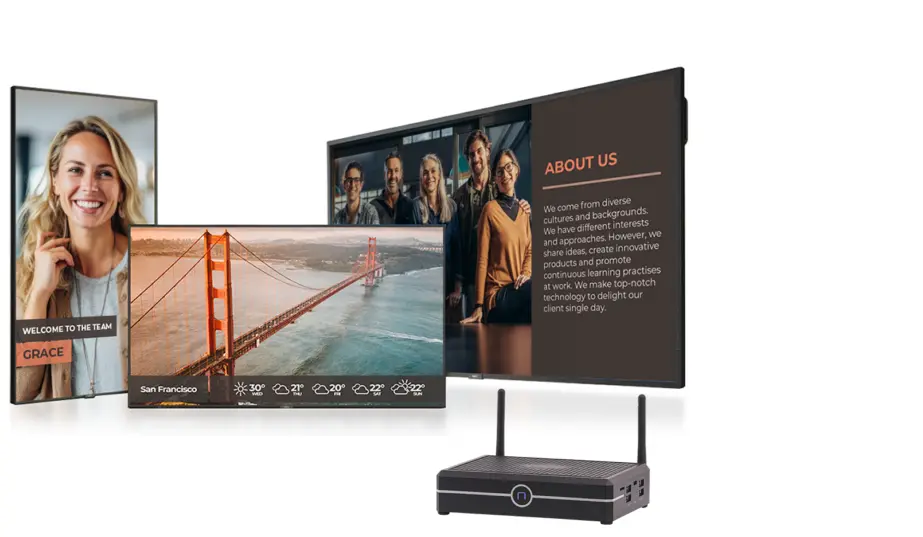 snuc systems everglades digital signage appliance with spinetix arya in front of digital signage screens