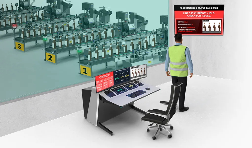 control room with a person supervising the factory floor and looking at an informational data-driven digital signage display
